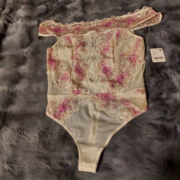 M intimately free people ivory pink spring combo lace bodysuit off shoulder - Picture 1 of 2